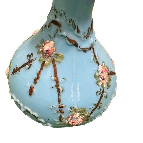 19th Century Antique French Blue Opaline Glass Decanter hand Painted Rose Floral - Picture 7 of 12